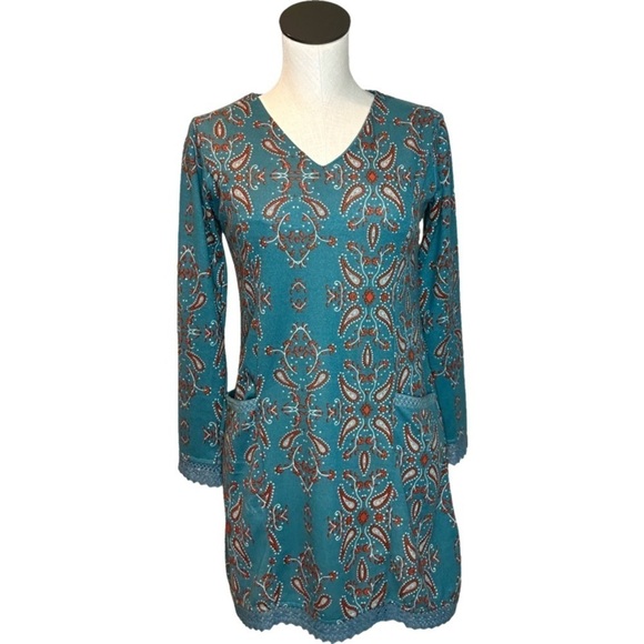 Yak & Yeti Women’s Teal Patterned Long Sleeve Dress, size S - Picture 1 of 10